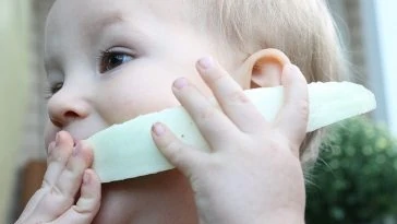 Un bébé pratique La DME en tenant un morceau de melon dans sa bouche.