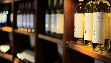 De nombreuses bouteilles de vin sont alignées sur une étagère en bois.