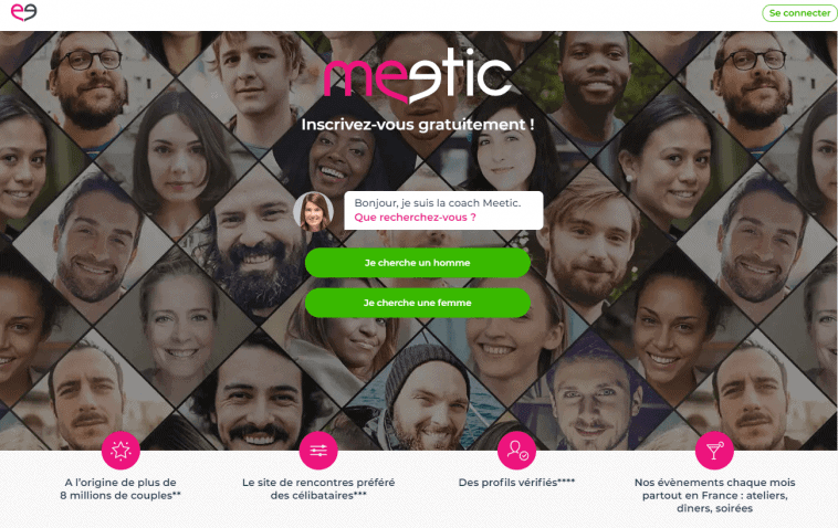 La page d'accueil d'un site de rencontre appelé Metic.