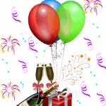Un joyeux clipart d’anniversaire avec des ballons et des confettis.