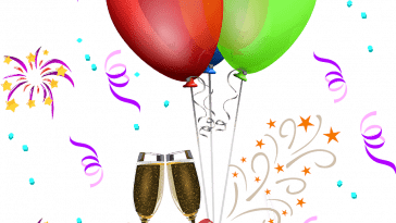 Un joyeux clipart d’anniversaire avec des ballons et des confettis.