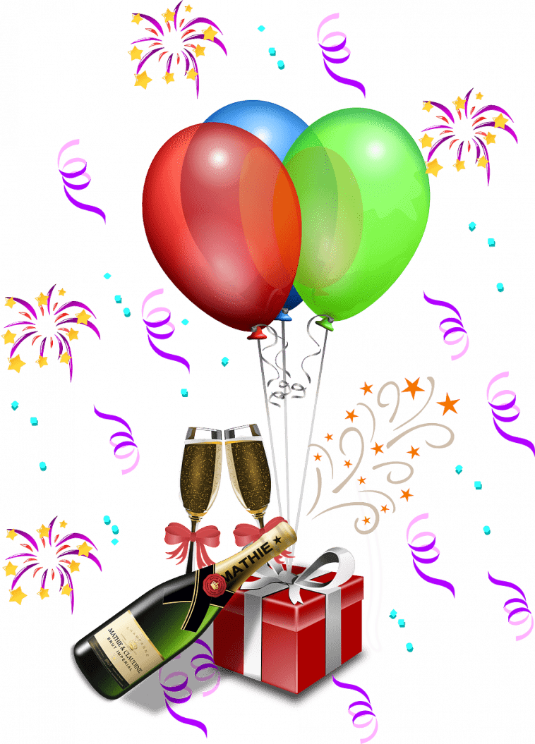 Un joyeux clipart d’anniversaire avec des ballons et des confettis.