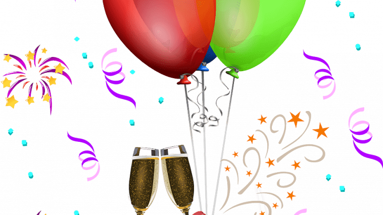 Un joyeux clipart d’anniversaire avec des ballons et des confettis.