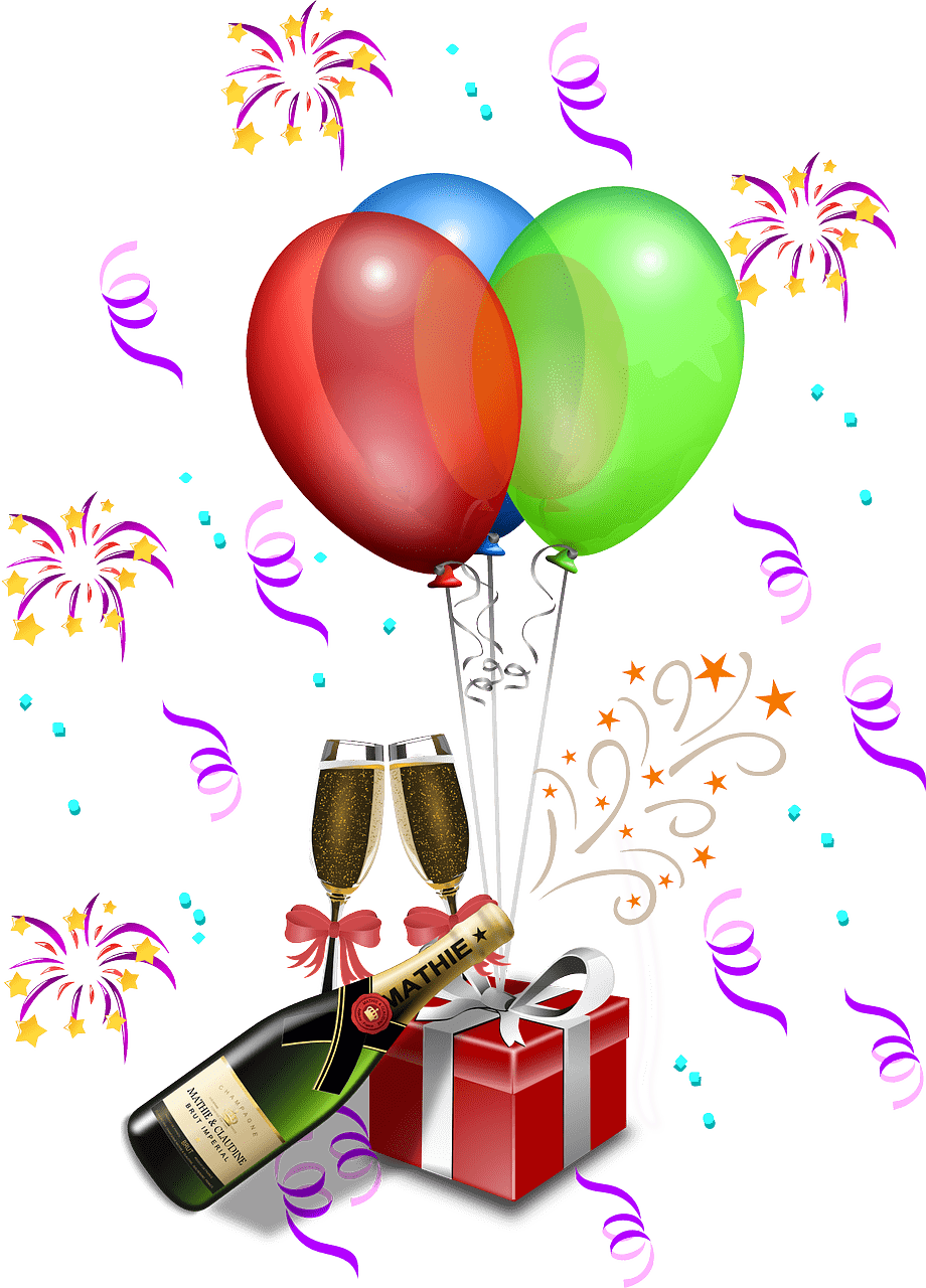 Un joyeux clipart d’anniversaire avec des ballons et des confettis.