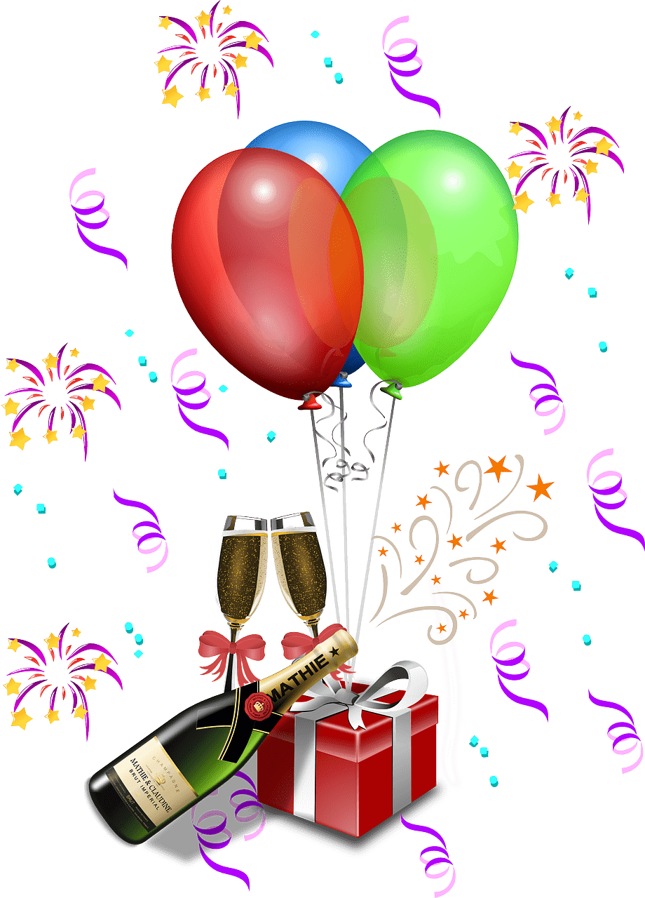 Un joyeux clipart d’anniversaire avec des ballons et des confettis.