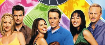 Une affiche pour l'émission de télévision "Beverly Hills 90210".