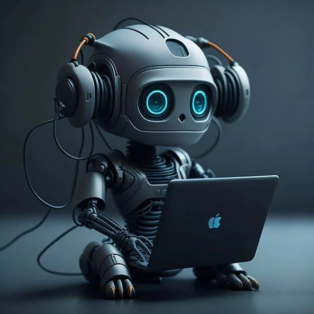 Un robot avec des écouteurs utilise un ordinateur portable.