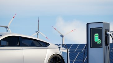 Une voiture blanche est garée devant des éoliennes.