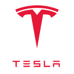 Le logo Tesla sur fond blanc.