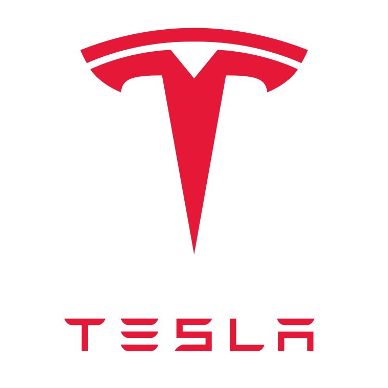 Le logo Tesla sur fond blanc.