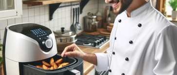 Un homme prépare de la nourriture dans une cuisine avec une friteuse à air.