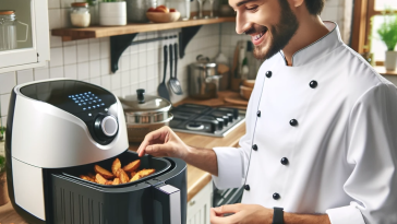 Un homme prépare de la nourriture dans une cuisine avec une friteuse à air.