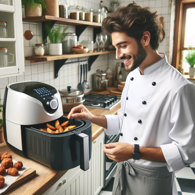 Un homme prépare de la nourriture dans une cuisine avec une friteuse à air.