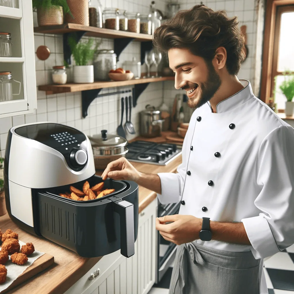 Un homme prépare de la nourriture dans une cuisine avec une friteuse à air.