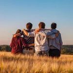 Quatre amis réunis dans un champ de blé.