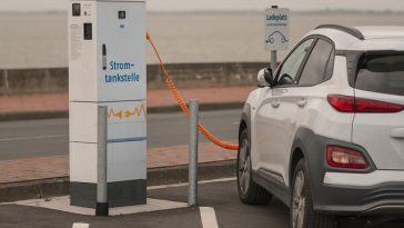 Une voiture électrique blanche est branchée sur une borne de recharge.