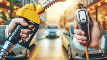 Deux mains tenant une pompe à essence avec des voitures traditionnelles et des véhicules électriques devant, symbolisant l'avenir de la mobilité.