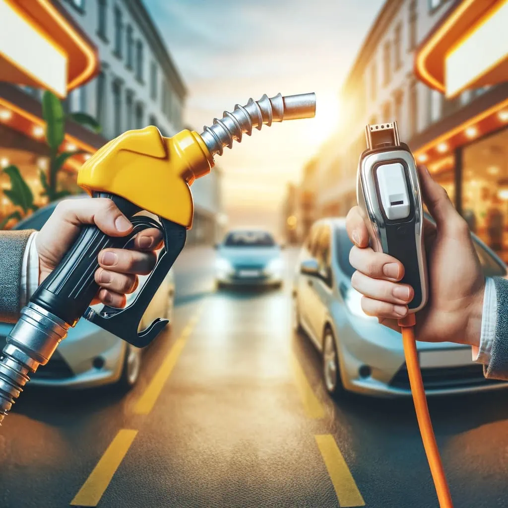 Deux mains tenant une pompe à essence avec des voitures traditionnelles et des véhicules électriques devant, symbolisant l'avenir de la mobilité.