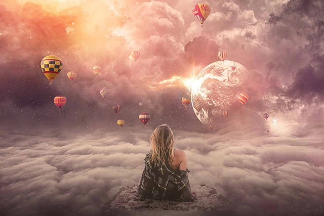Une femme assise sur un nuage surplombe une scène surréaliste avec des montgolfières et une terre brillamment illuminée sur un fond nuageux spectaculaire, capturant l'essence profonde de la beauté de notre planète.