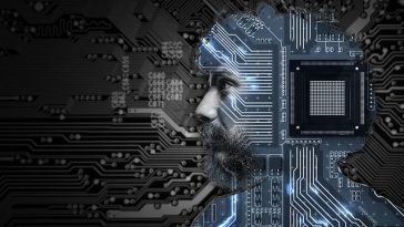 Profil d'un homme avec une barbe fusionné dans un dessin de circuit imprimé, symbolisant l'intégration de l'intelligence humaine et de l'intelligence artificielle.