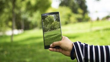 Une main tenant un smartphone affichant une photo d'un parc verdoyant, en alignant la photo avec la scène du parc en arrière-plan pour contribuer à la sensibilisation au développement durable.