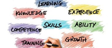 Une main écrit le mot « Formation » à l'encre noire. D'autres mots, tels que « Connaissance », « Expérience », « Compétences », « Capacité », « Compétence » et « Croissance » sont écrits en différentes couleurs sur fond blanc, soulignant la flexibilité nécessaire à la réussite professionnelle.