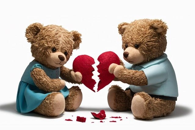 Deux ours en peluche assis face à face, chacun tenant la moitié d'un cœur rouge brisé. L'ours de gauche porte une robe bleue et l'ours de droite porte une chemise bleue.