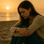 Une femme est assise seule sur une plage de sable au coucher du soleil, serrant ses genoux et regardant vers le bas avec une expression sombre.