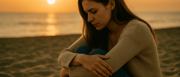 Une femme est assise seule sur une plage de sable au coucher du soleil, serrant ses genoux et regardant vers le bas avec une expression sombre.