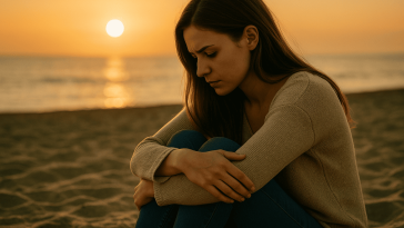 Une femme est assise seule sur une plage de sable au coucher du soleil, serrant ses genoux et regardant vers le bas avec une expression sombre.