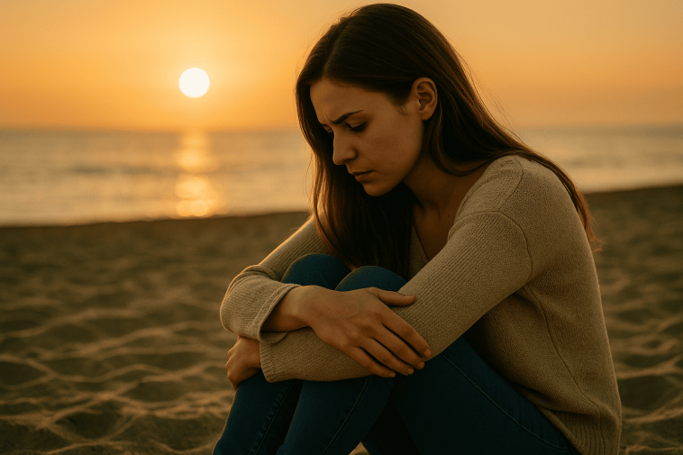 Une femme est assise seule sur une plage de sable au coucher du soleil, serrant ses genoux et regardant vers le bas avec une expression sombre.