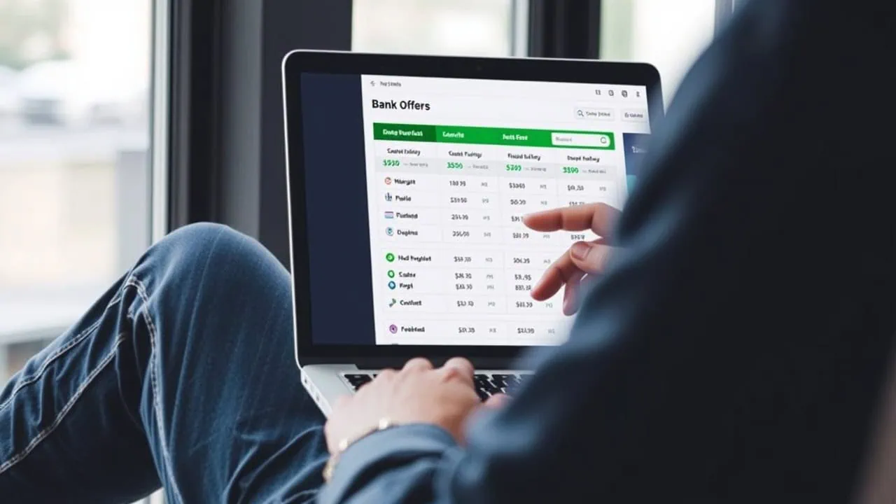 Une personne utilise un ordinateur portable pour consulter un tableau comparatif des offres des banques en ligne, y compris les taux d'intérêt comparatifs 2025 et les offres de remise en argent, dans une application de gestion financière.