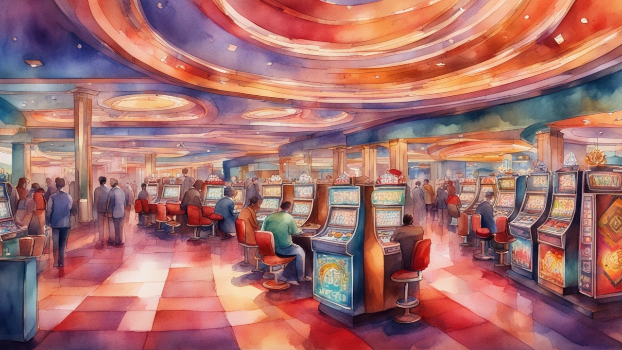Un grand casino coloré à Las Vegas avec des gens assis à des rangées de machines à sous sous un plafond lumineux et illuminé - un véritable guide ultime pour ceux qui vivent le frisson pour la première fois.