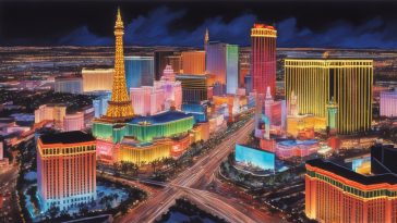 Vue aérienne du Strip de Las Vegas la nuit, avec des hôtels, des casinos et des répliques de monuments illuminés sous un ciel sombre - un guide ultime époustouflant pour quiconque découvre Las Vegas pour la première fois.