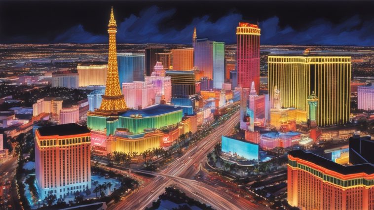 Vue aérienne du Strip de Las Vegas la nuit, avec des hôtels, des casinos et des répliques de monuments illuminés sous un ciel sombre - un guide ultime époustouflant pour quiconque découvre Las Vegas pour la première fois.