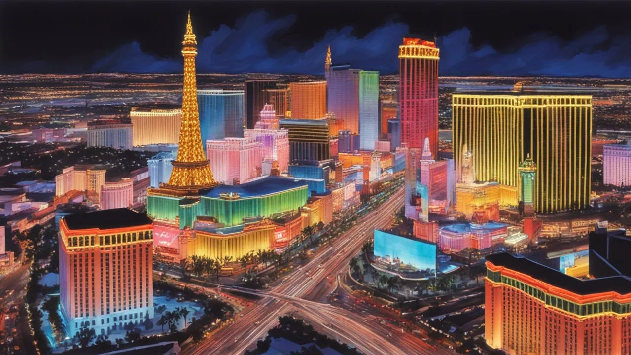 Vue aérienne du Strip de Las Vegas la nuit, avec des hôtels, des casinos et des répliques de monuments illuminés sous un ciel sombre - un guide ultime époustouflant pour quiconque découvre Las Vegas pour la première fois.