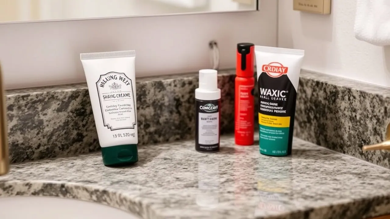 Différents produits de soins personnels et de toilettage, dont de la crème à raser pour le maillot, du nettoyant pour les ongles et du spray, sont disposés sur un comptoir de salle de bain en granit devant un miroir.
