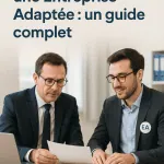 Deux hommes en tenue de travail sont assis à un bureau et examinent des documents, l'un d'eux portant un badge "EA". Au-dessus d'eux, un texte en français explique comment collaborer efficacement avec une Entreprise Adaptée.