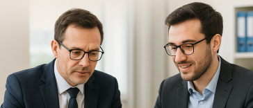 Deux hommes en tenue de travail sont assis à un bureau et examinent des documents, l'un d'eux portant un badge "EA". Au-dessus d'eux, un texte en français explique comment collaborer efficacement avec une Entreprise Adaptée.