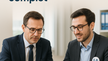 Deux hommes en tenue de travail sont assis à un bureau et examinent des documents, l'un d'eux portant un badge "EA". Au-dessus d'eux, un texte en français explique comment collaborer efficacement avec une Entreprise Adaptée.