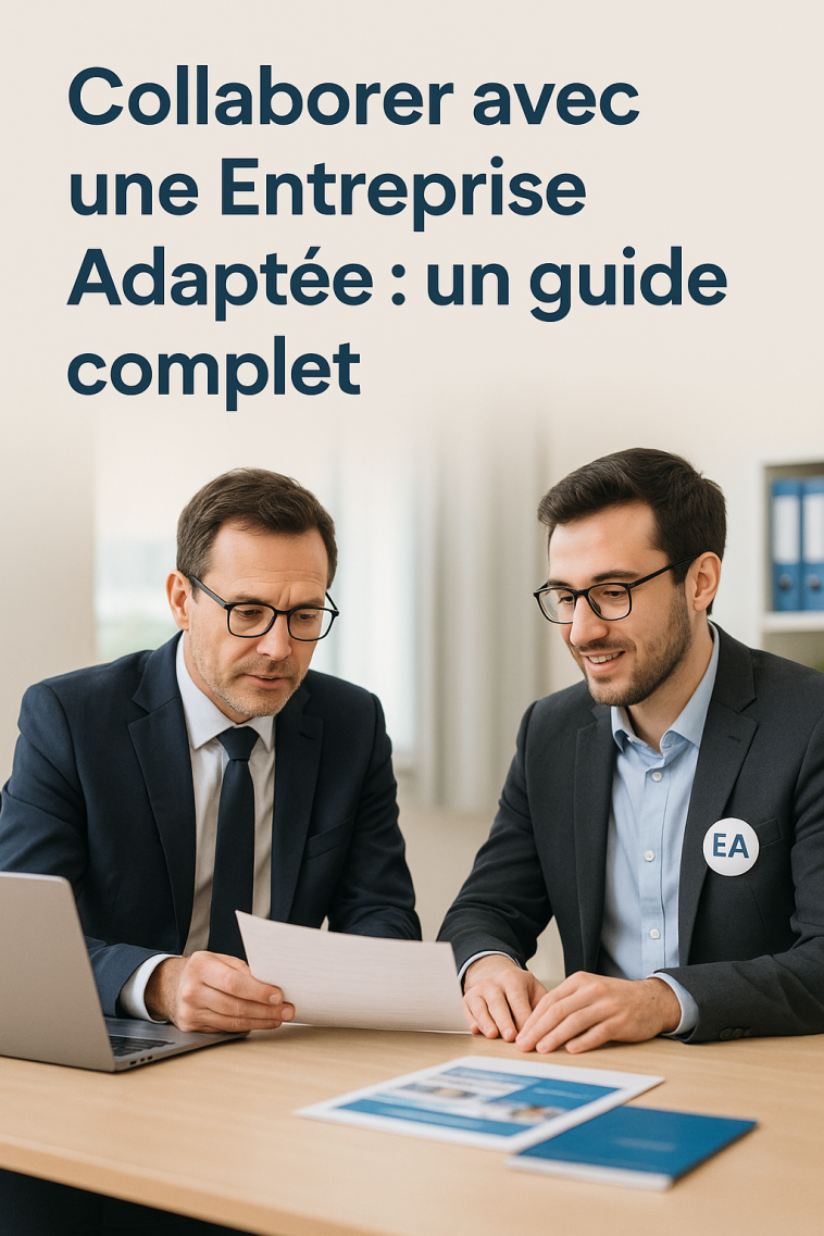 Deux hommes en tenue de travail sont assis à un bureau et examinent des documents, l'un d'eux portant un badge "EA". Au-dessus d'eux, un texte en français explique comment collaborer efficacement avec une Entreprise Adaptée.