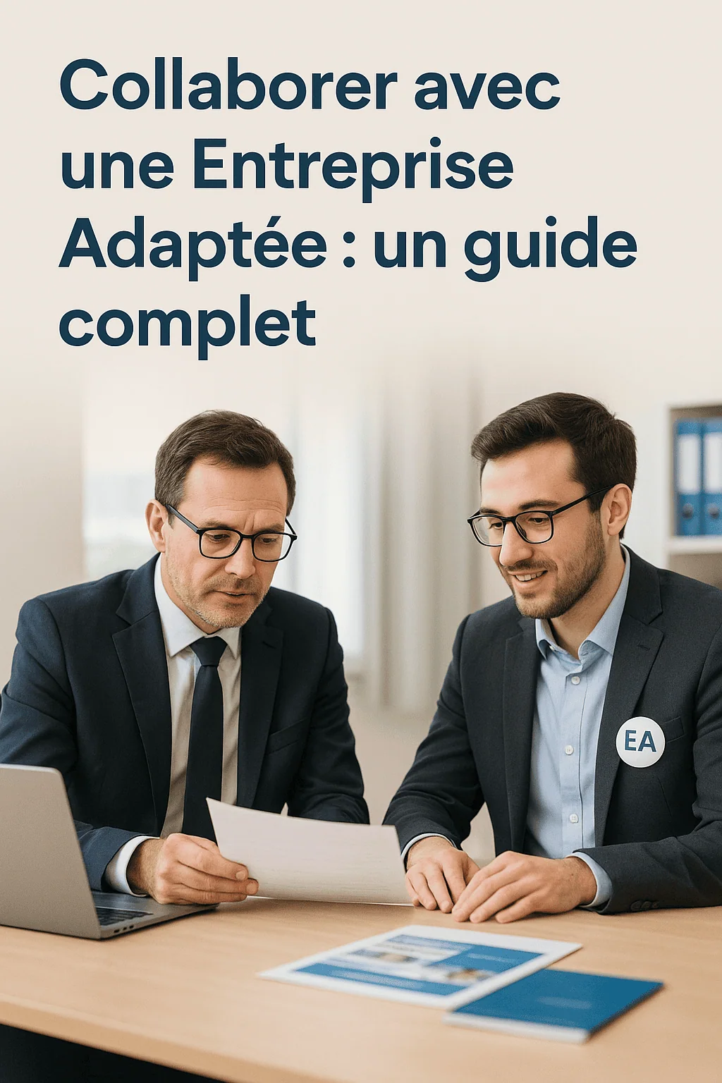 Deux hommes en tenue de travail sont assis à un bureau et examinent des documents, l'un d'eux portant un badge "EA". Au-dessus d'eux, un texte en français explique comment collaborer efficacement avec une Entreprise Adaptée.