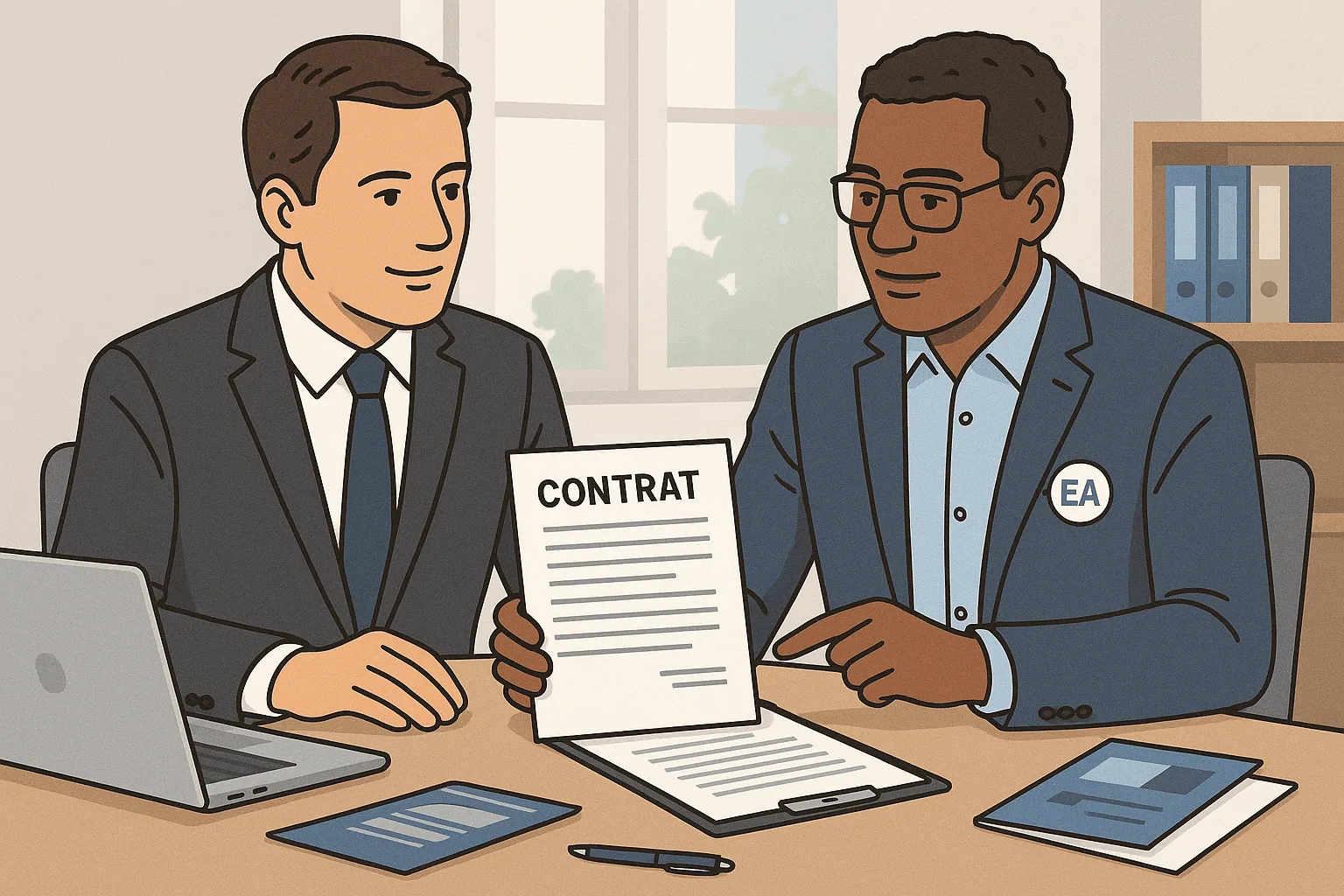Deux hommes en costume d'affaires sont assis à un bureau. L'un d'eux tient un contrat portant la mention "CONTRAT", tandis que l'autre observe. Des ordinateurs portables, des tablettes et de la paperasse sont posés sur la table alors qu'ils collaborent dans une Entreprise Adaptée.