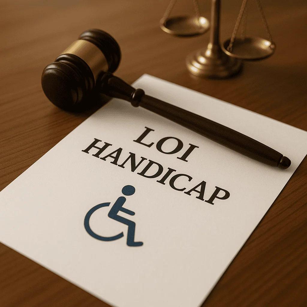 Un marteau et une balance de justice reposent à côté d'un document intitulé "Loi Handicap" avec un symbole de fauteuil roulant, illustrant la législation sur les droits des personnes handicapées et la façon dont une Entreprise Adaptée peut collaborer pour favoriser l'inclusion.