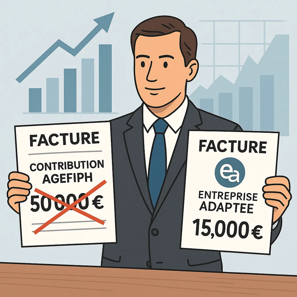 Homme d'affaires tenant deux factures : l'une portant la mention "Contribution Agefiph 50.000€" avec une croix rouge, l'autre "Entreprise Adaptée 15.000€" ; graphiques en arrière-plan, illustrant comment collaborer avec une Entreprise Adaptée peut réduire vos coûts.